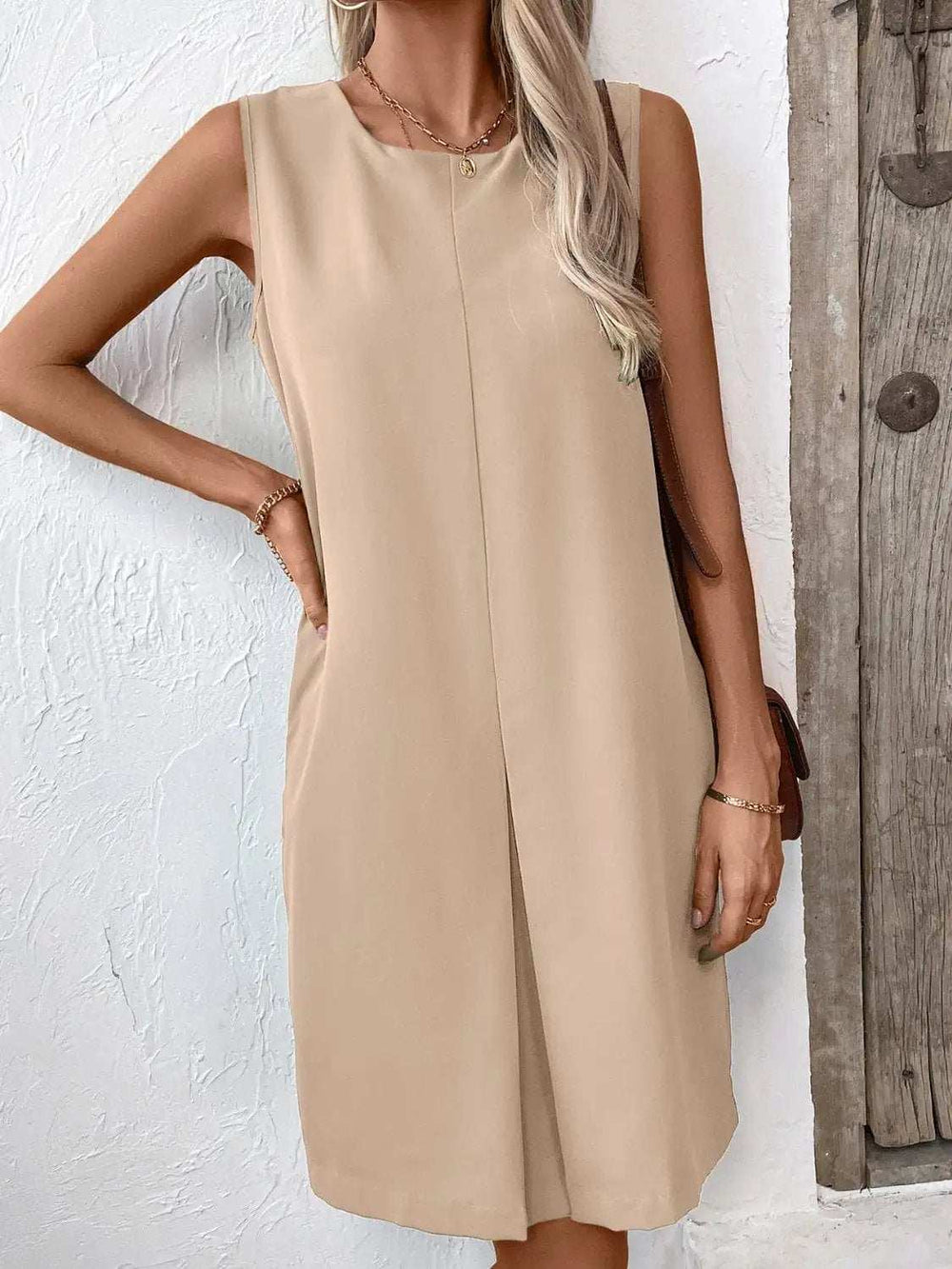 Pocketed Round Neck Sleeveless Mini Dress - Trendsi - Flyclothing LLC