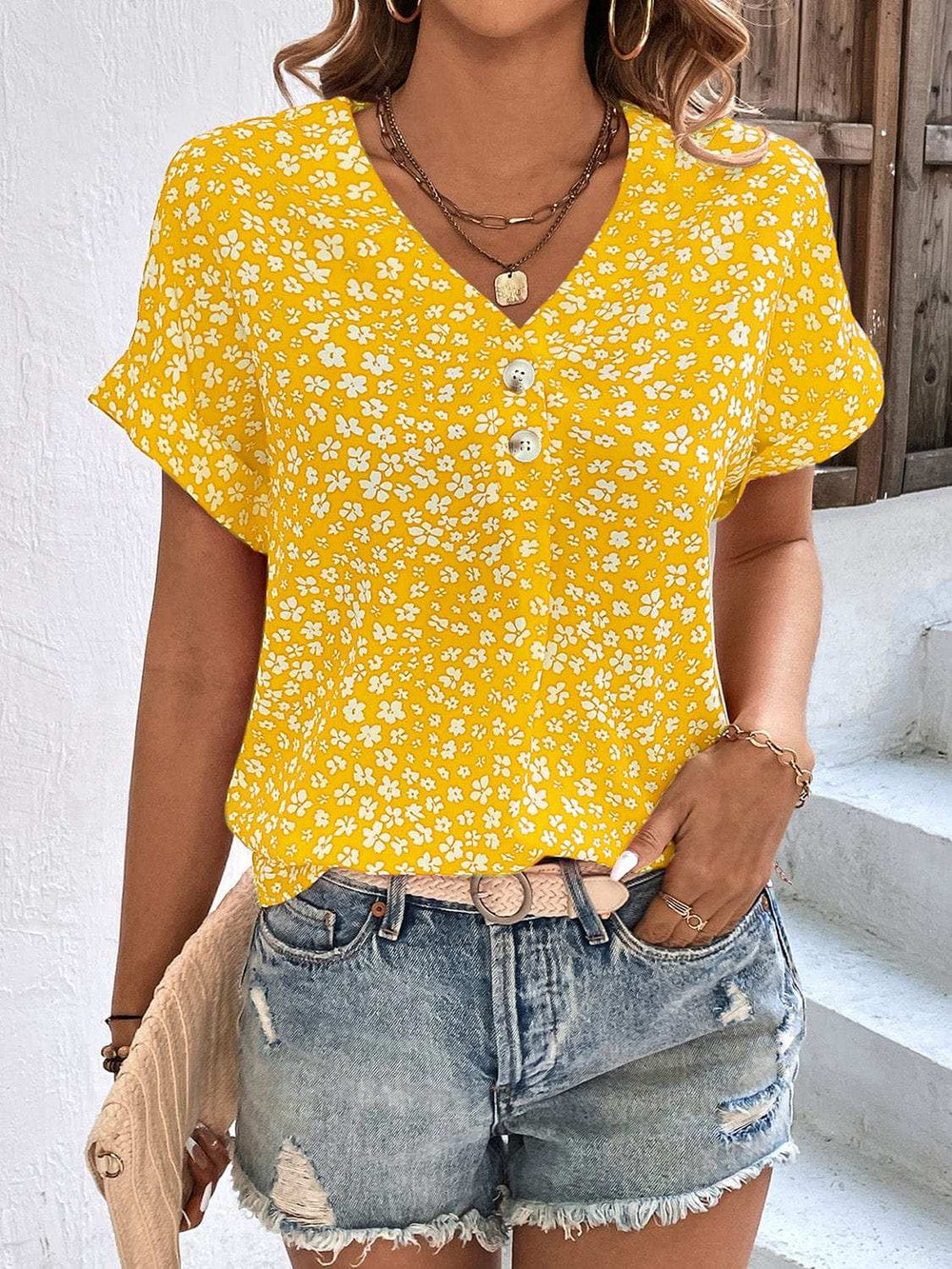 Printed V-Neck Short Sleeve Blouse - Trendsi - Flyclothing LLC