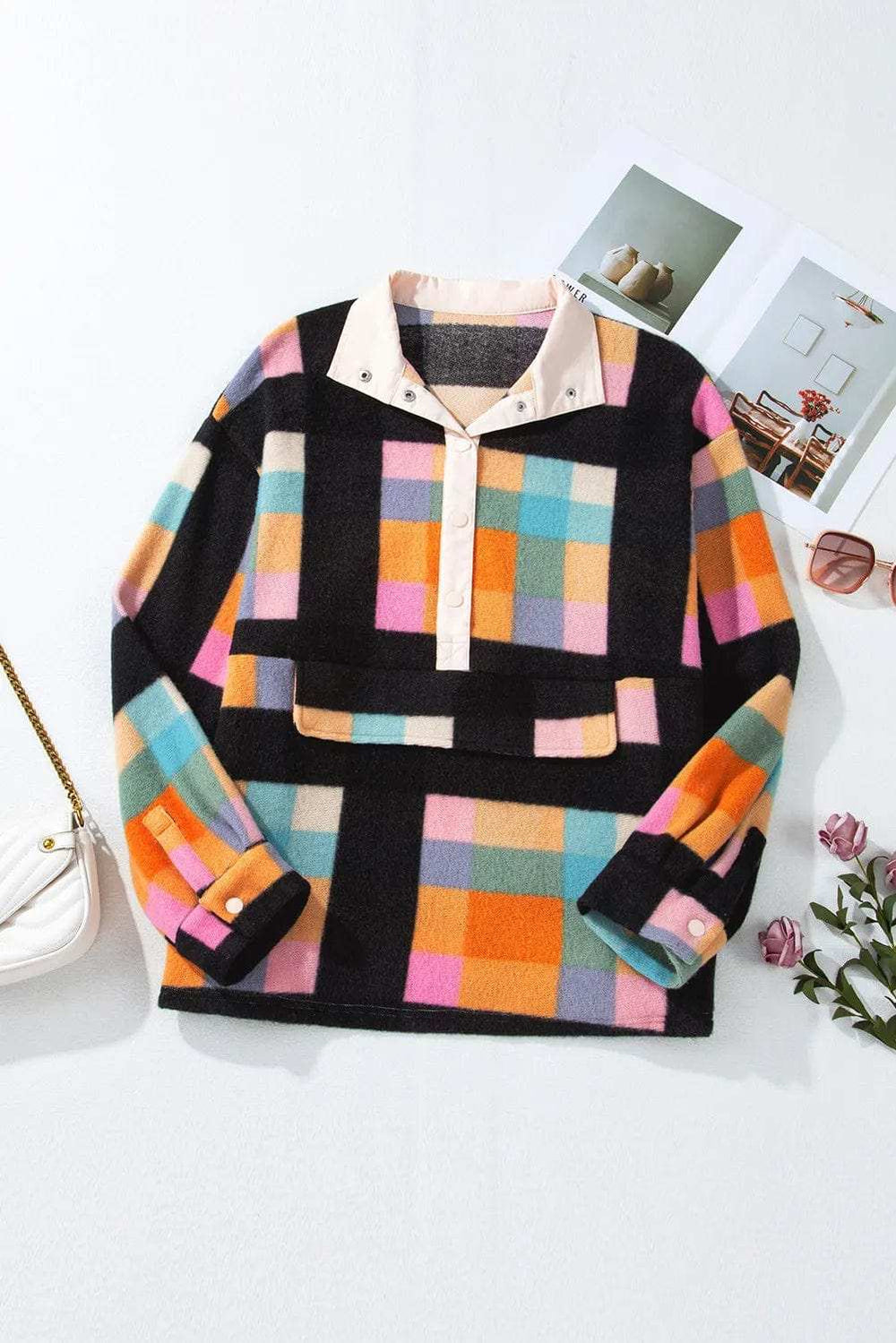 Plus Size Color Block Half Snap Long Sleeve Sweatshirt - Trendsi - Flyclothing LLC