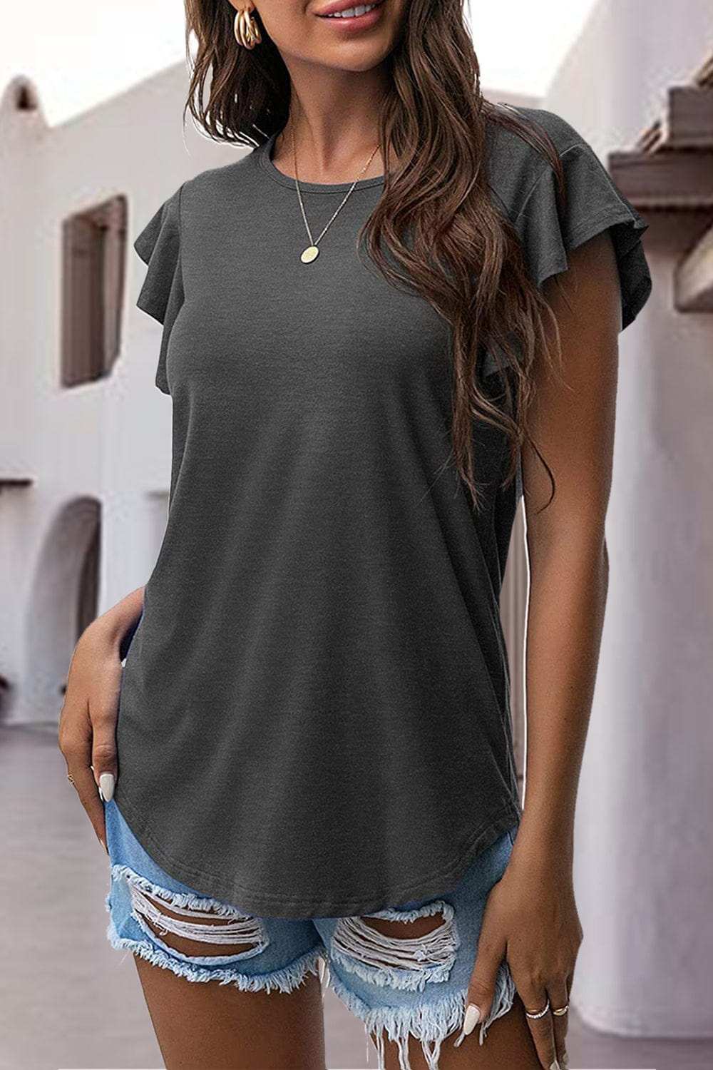 Ruffled Round Neck Cap Sleeve Blouse - Trendsi - Flyclothing LLC