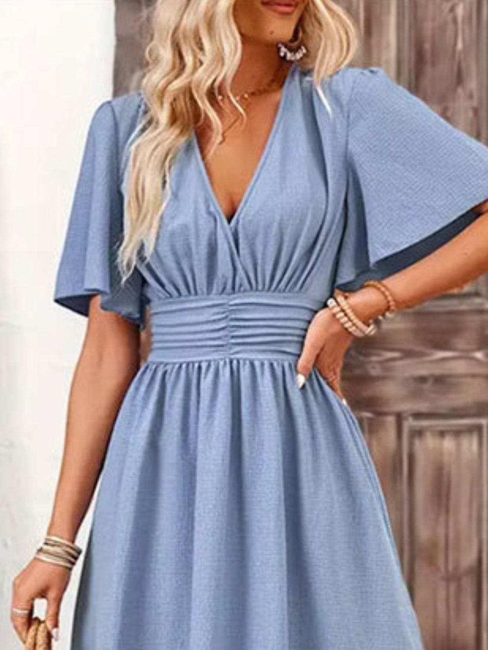 Side Slit Surplice Flutter Sleeve Midi Dress - Trendsi - Flyclothing LLC