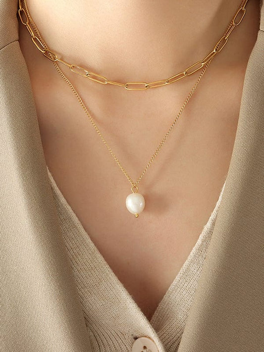 Freshwater Pearl Titanium Steel Double-Layered Necklace - Trendsi
