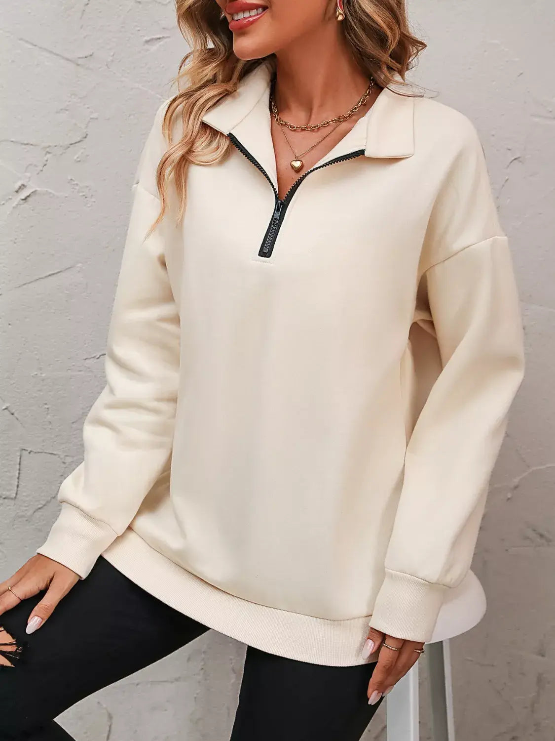 Quarter Zip Dropped Shoulder Sweatshirt - Trendsi - Flyclothing LLC