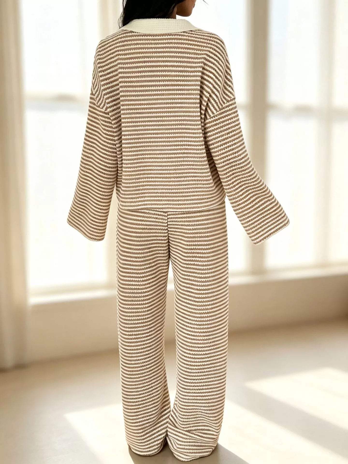 Striped Long Sleeve Polo and Wide-Leg Pants Set - Trendsi - Flyclothing LLC