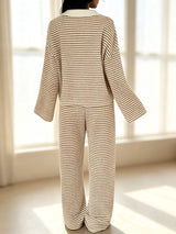 Striped Long Sleeve Polo and Wide-Leg Pants Set - Trendsi - Flyclothing LLC
