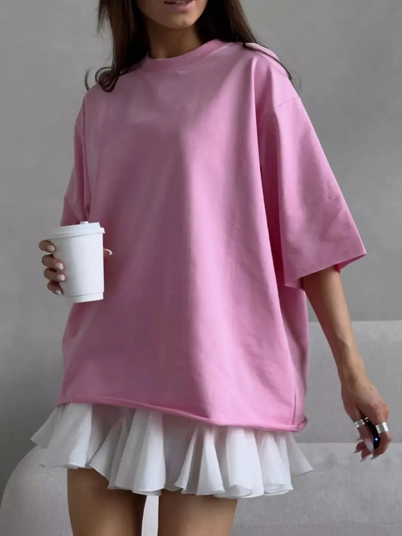 Round Neck Half Sleeve Oversized T-Shirt - Trendsi - Flyclothing LLC