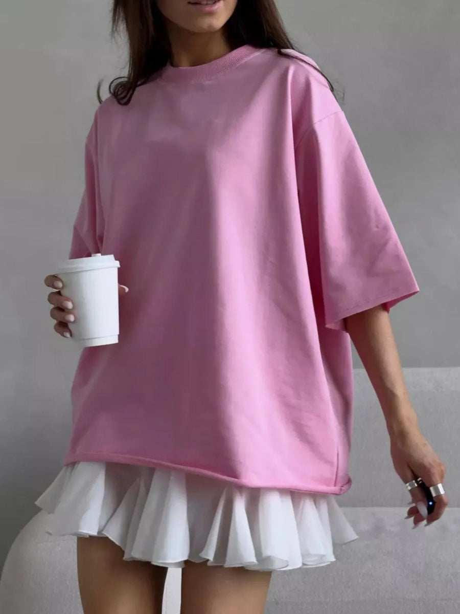 Round Neck Half Sleeve Oversized T-Shirt - Trendsi - Flyclothing LLC
