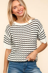 Haptics Openwork Striped Round Neck Half Sleeve Knit Top - Trendsi