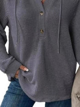 Full Size Button Detail Waffle Knit Hoodie Plus Size - Trendsi - Flyclothing LLC