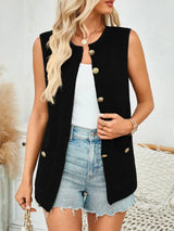 Button Down Round Neck Knit Vest - Trendsi - Flyclothing LLC