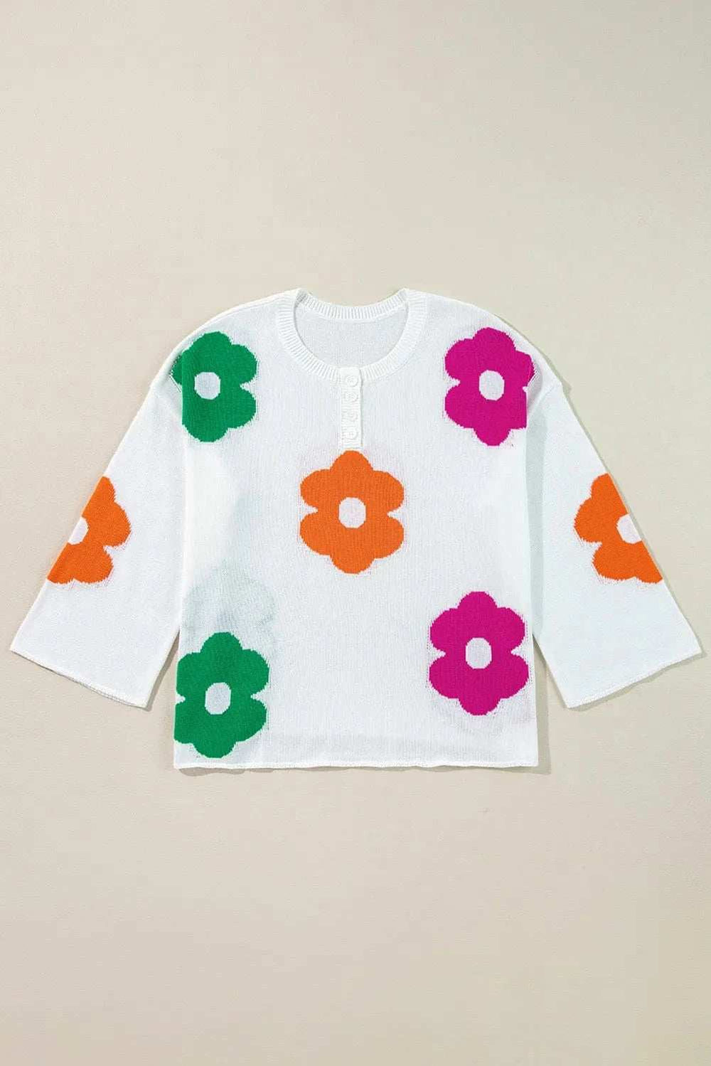 Flower Round Neck Quarter Button Knit Top - Trendsi - Flyclothing LLC