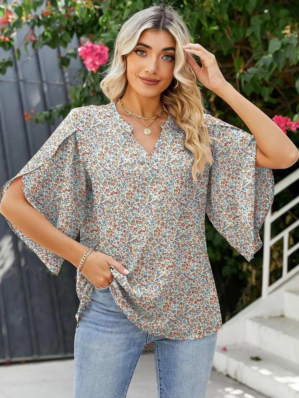 Printed Notched Half Sleeve Blouse - Trendsi - Flyclothing LLC