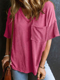 Textured V-Neck Half Sleeve T-Shirt - Trendsi