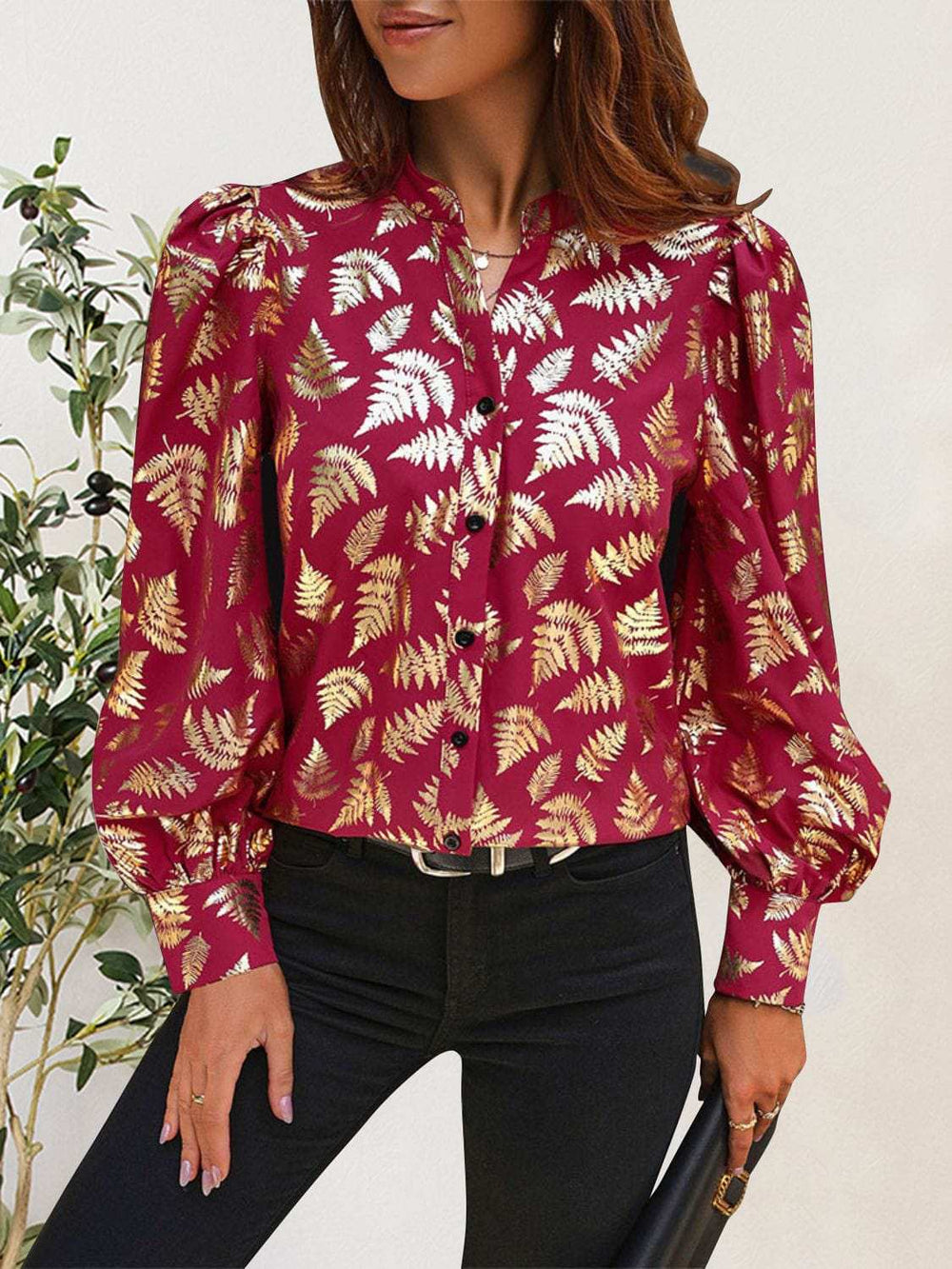 Printed Notched Long Sleeve Shirt - Trendsi - Flyclothing LLC
