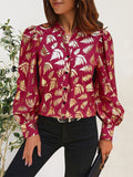 Printed Notched Long Sleeve Shirt - Trendsi