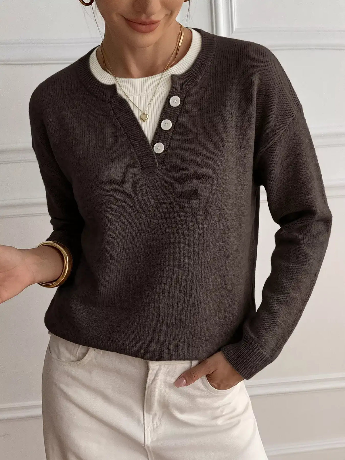 Decor Button-Placket Ribbed Knit Sweater - Trendsi - Flyclothing LLC
