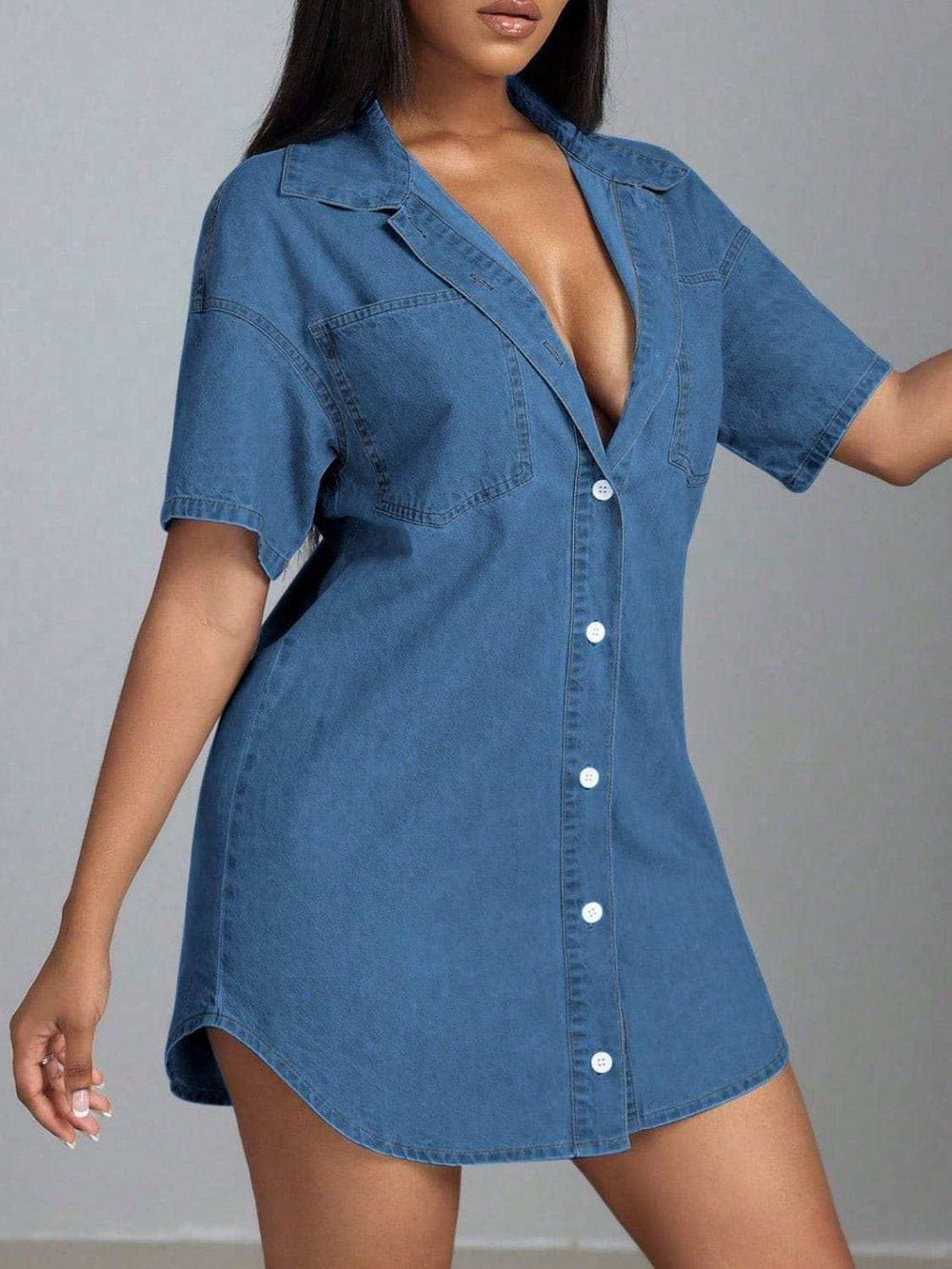 Button Down Collared Neck Denim Dress - Trendsi - Flyclothing LLC