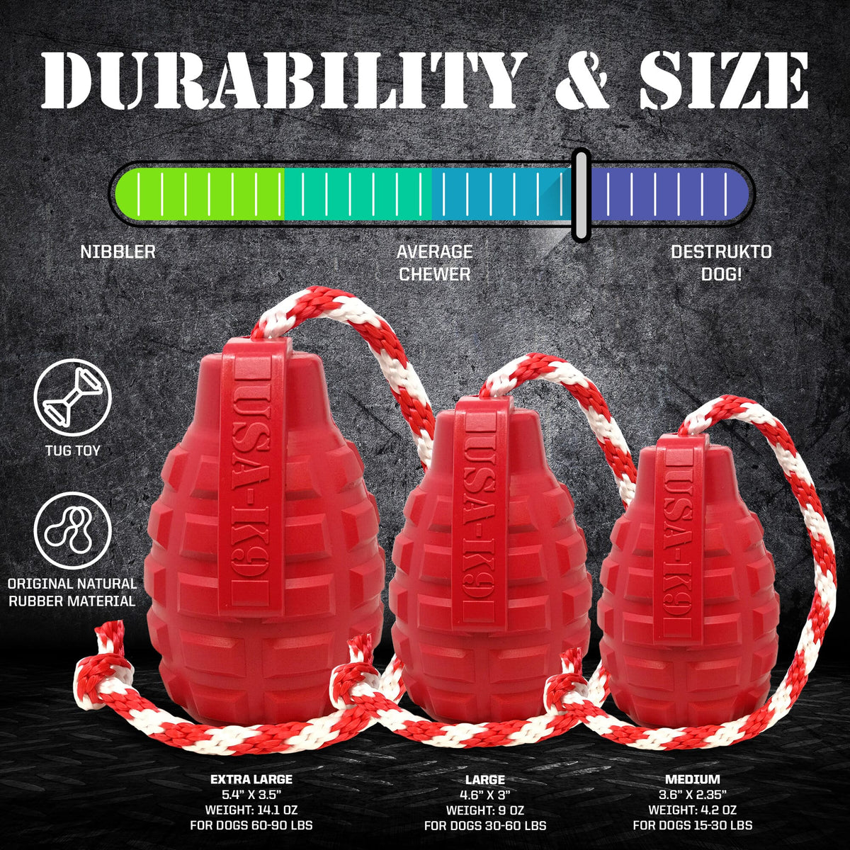 USA-K9 Grenade Shaped Rubber Dog Toy - Chew, Treat Dispenser & Tug Toy | USA - SodaPup/True Dogs, LLC - Flyclothing LLC
