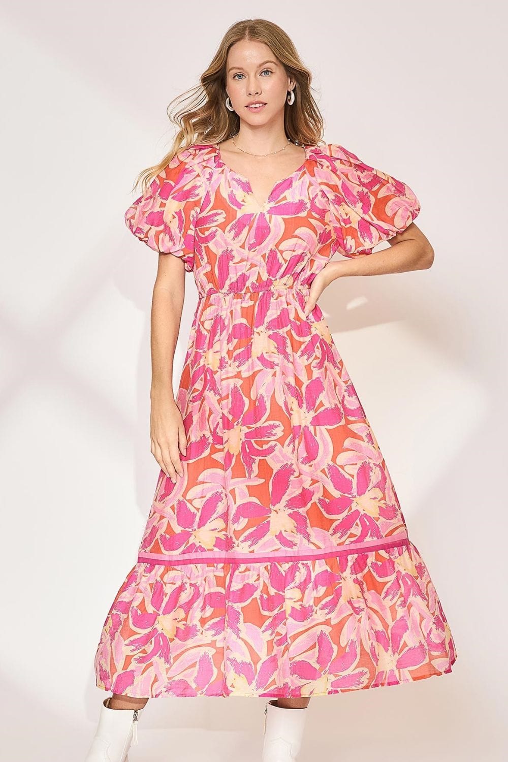 Umgee Floral Notched Puff Sleeve Midi Dress - Trendsi