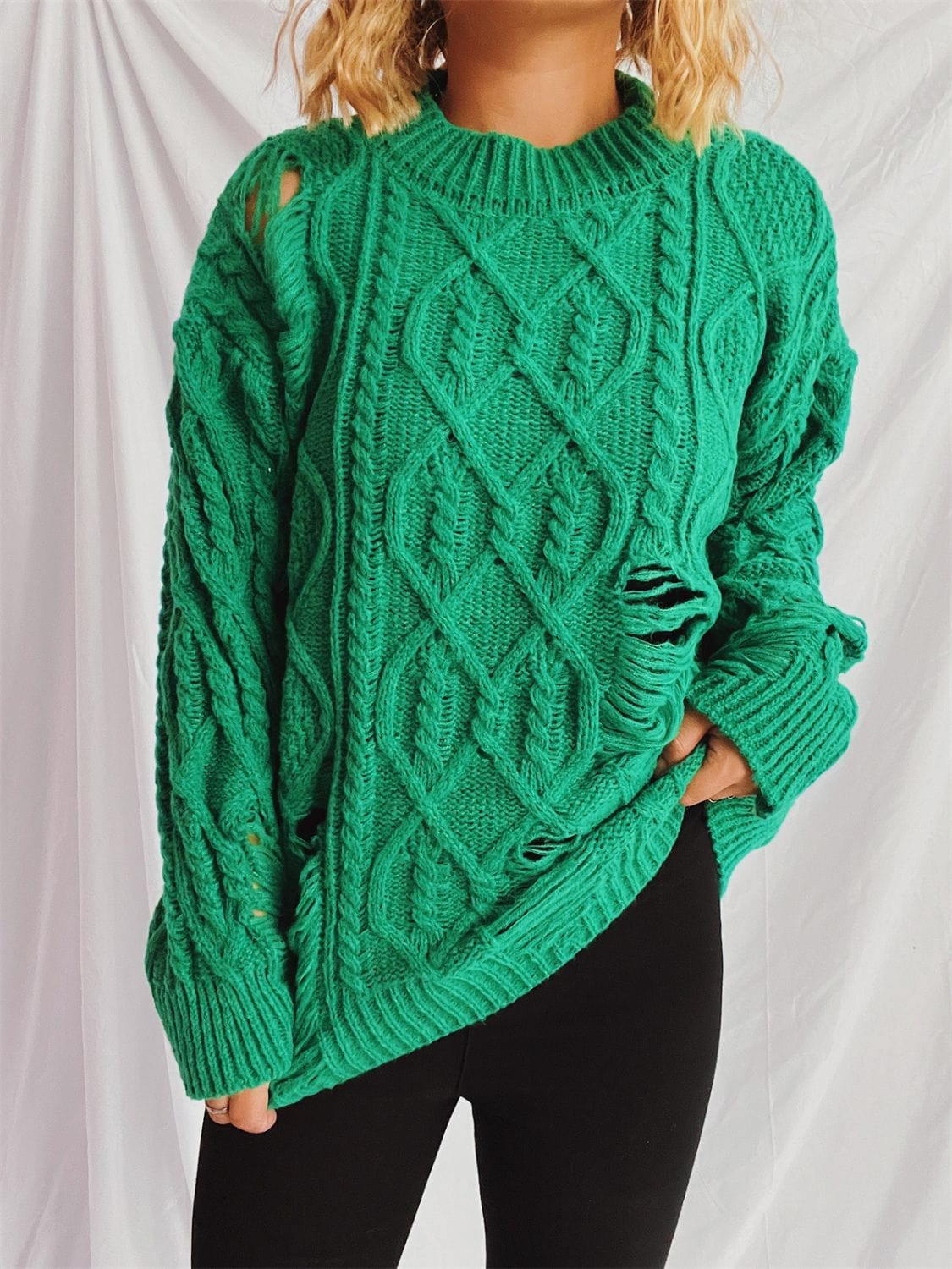 Distressed Cable-Knit Round Neck Long Sleeve Sweater - Trendsi