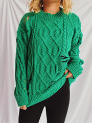 Distressed Cable-Knit Round Neck Long Sleeve Sweater - Trendsi