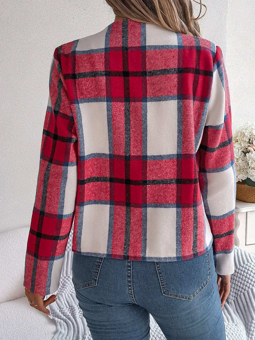 Plaid Open Front Long Sleeve Jacket - Trendsi - Flyclothing LLC