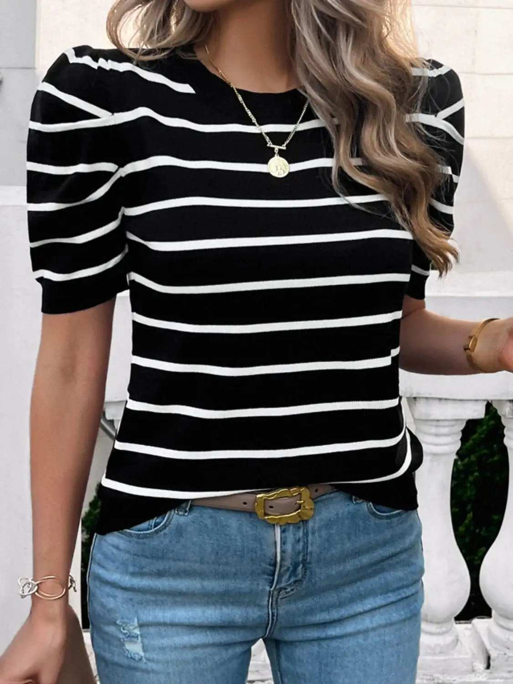 Striped Round Neck Puff Sleeve Knit Top - Trendsi - Flyclothing LLC
