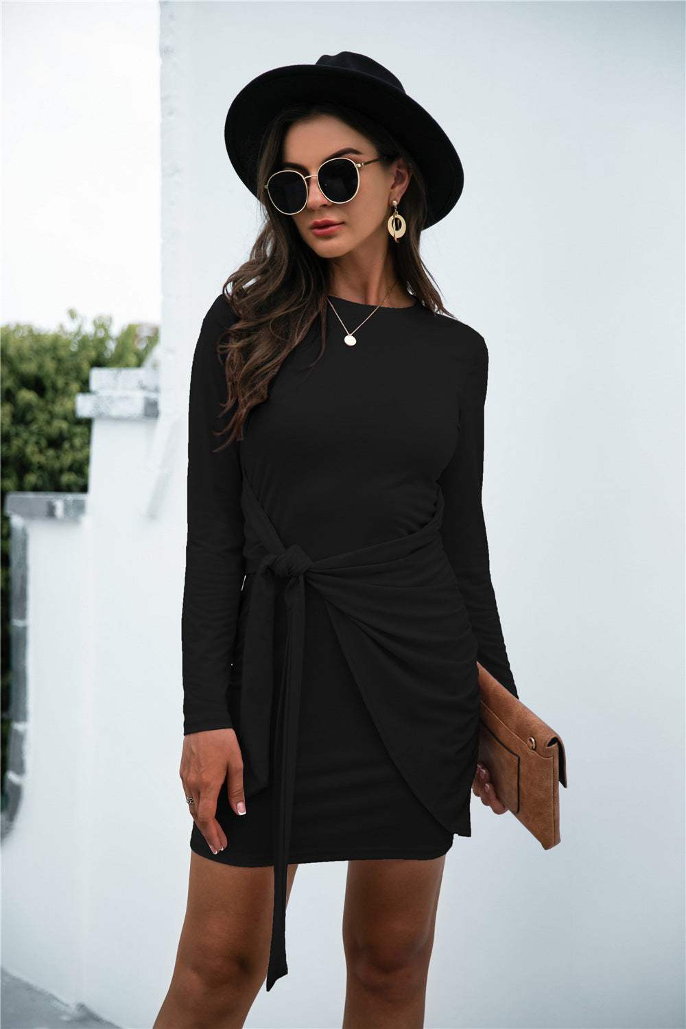 Tied Round Neck Long Sleeve Mini Dress - Trendsi - Flyclothing LLC