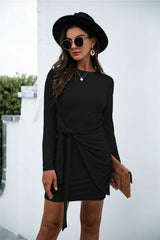 Tied Round Neck Long Sleeve Mini Dress - Trendsi - Flyclothing LLC