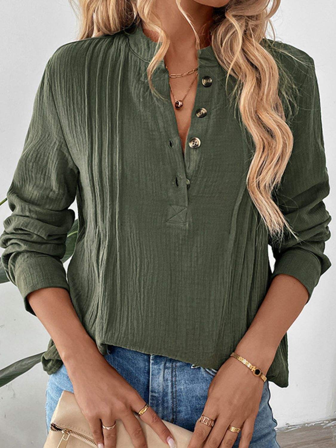 Perfee Textured Notched Long Sleeve Blouse - Trendsi - Flyclothing LLC