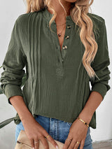 Perfee Textured Notched Long Sleeve Blouse - Trendsi - Flyclothing LLC