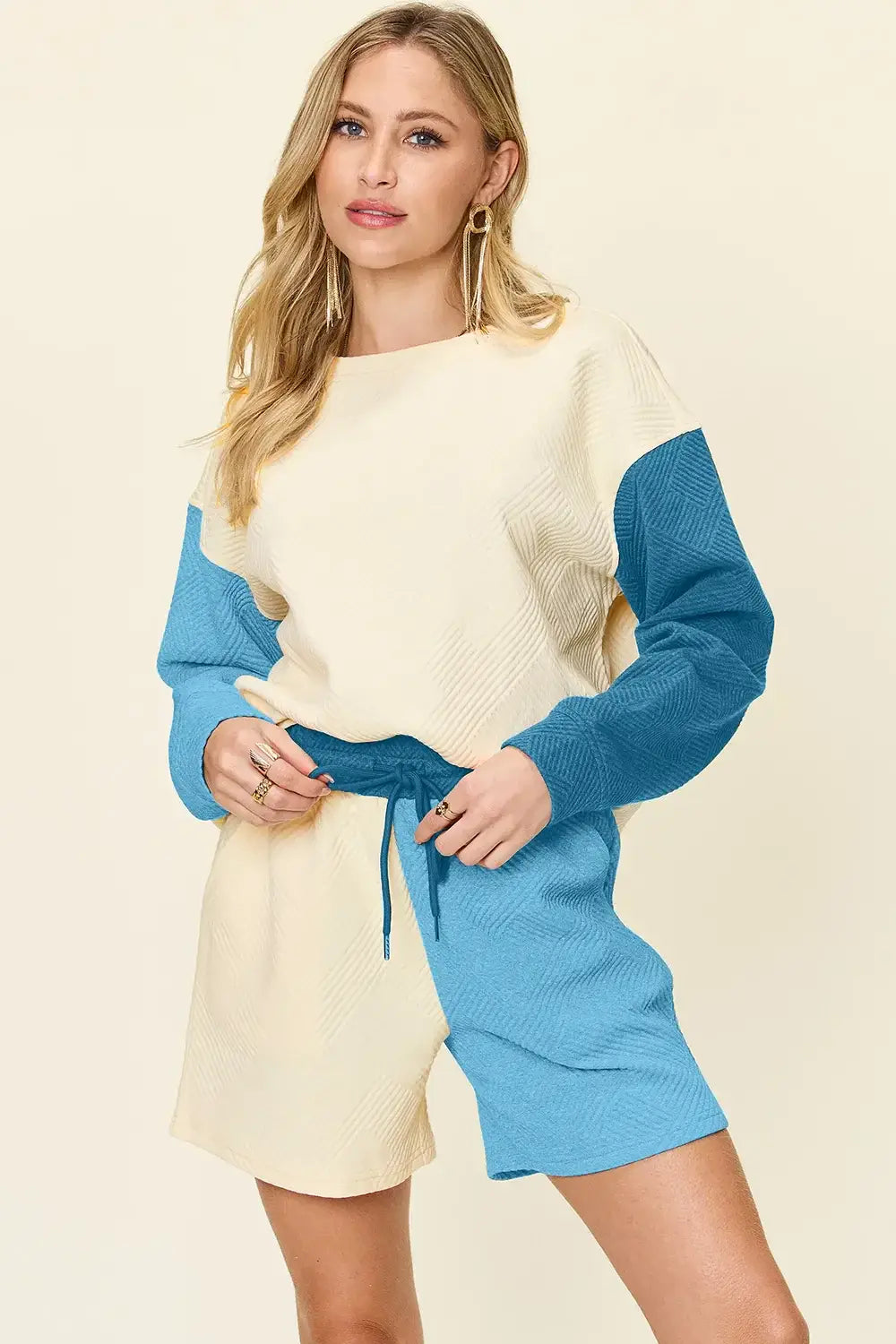 Double Take Full Size Contrast Drop Shoulder Top and Shorts Set - Trendsi - Flyclothing LLC