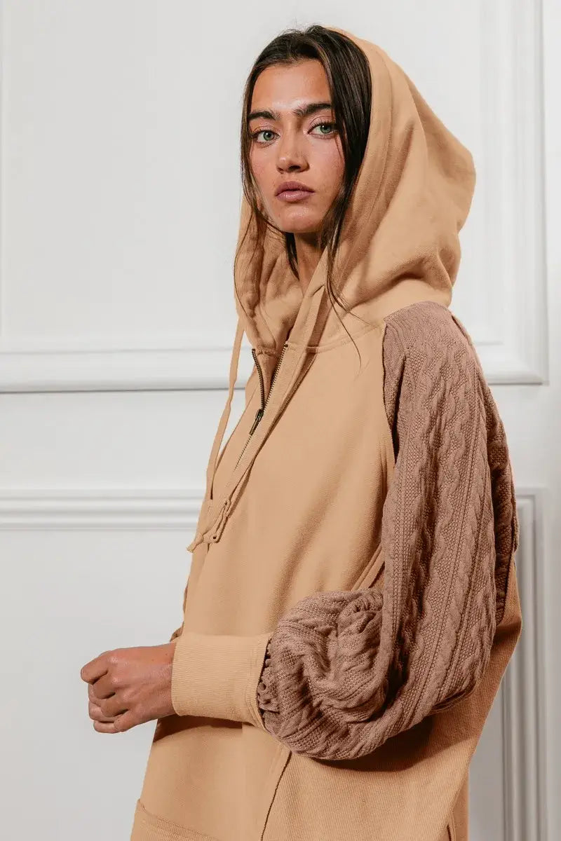 BiBi Half Zip French Terry Hoodie with Kint Sleeves - Trendsi - Flyclothing LLC