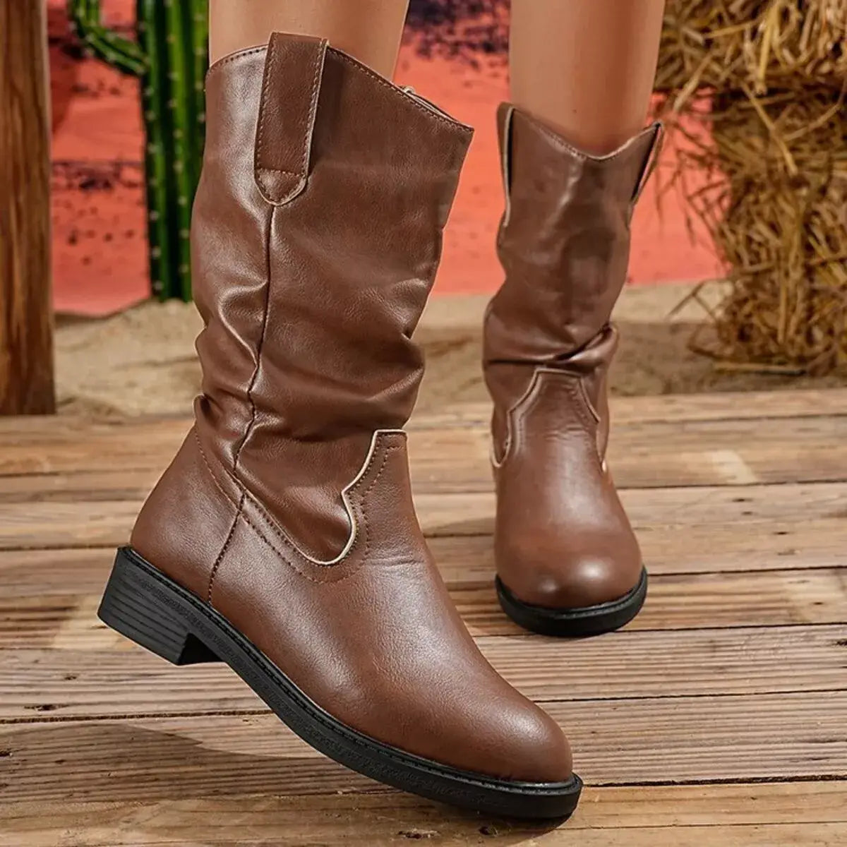 Round Toe Block Heels Boots - Trendsi - Flyclothing LLC