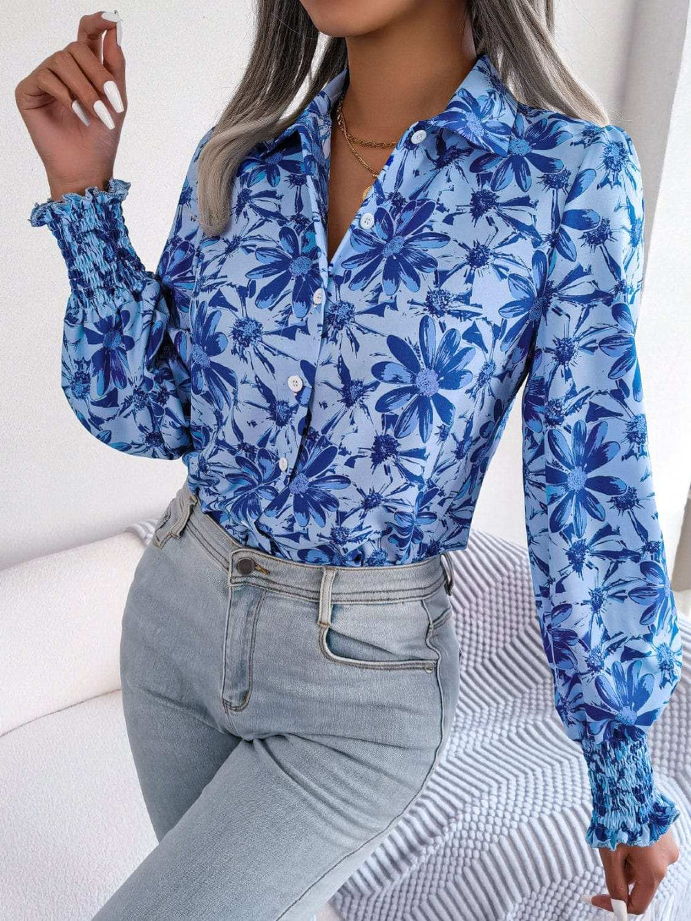 Floral Collared Neck Long Sleeve Shirt - Trendsi - Flyclothing LLC