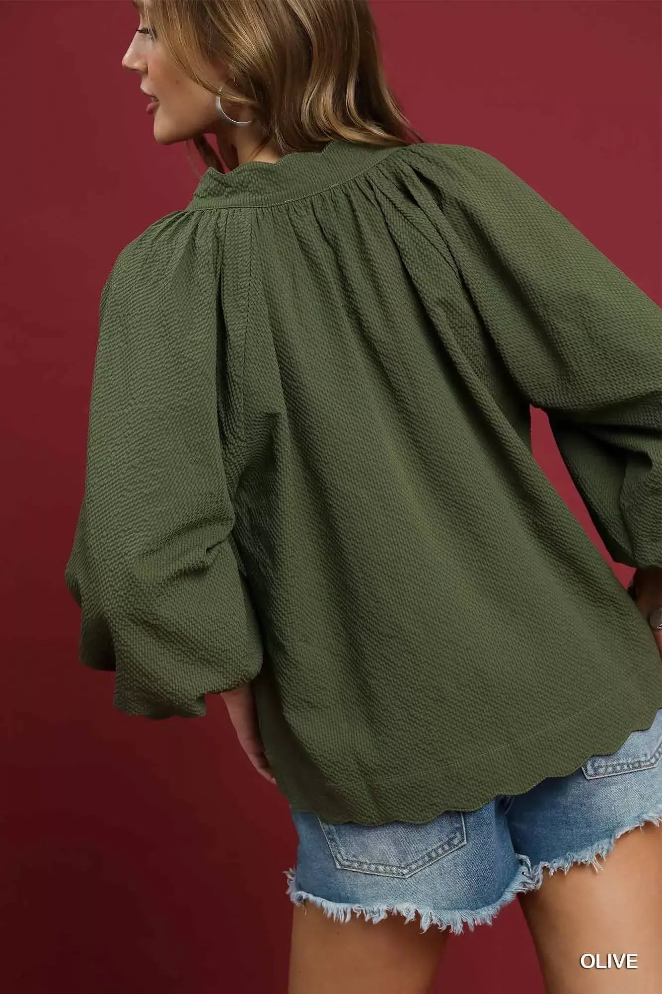 Umgee Full Size Textured Notched Balloon Sleeve Blouse Plus Size - Trendsi - Flyclothing LLC