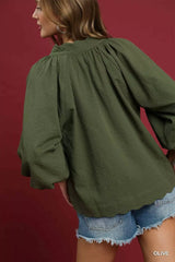 Umgee Full Size Textured Notched Balloon Sleeve Blouse Plus Size - Trendsi - Flyclothing LLC