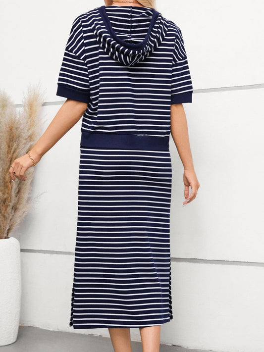 Drawstring Striped Short Sleeve Hooded Top and Skirt Set - Trendsi