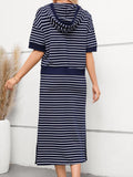 Drawstring Striped Short Sleeve Hooded Top and Skirt Set - Trendsi