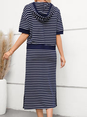 Drawstring Striped Short Sleeve Hooded Top and Skirt Set - Trendsi