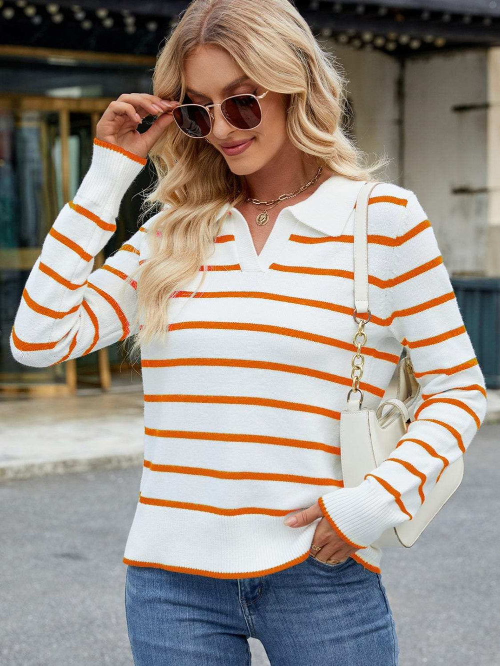 Striped Johnny Collar Long Sleeve Sweater - Trendsi - Flyclothing LLC