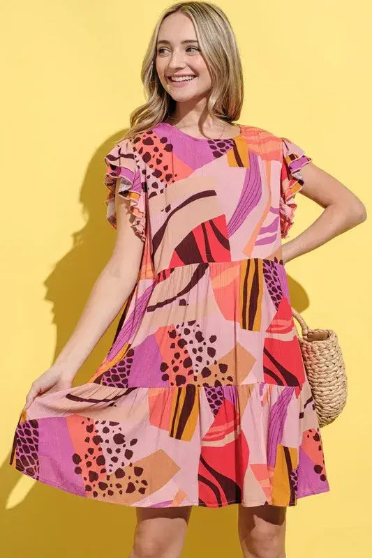 And The Why Printed Double Ruffles Sleeve Dress - Trendsi - Flyclothing LLC