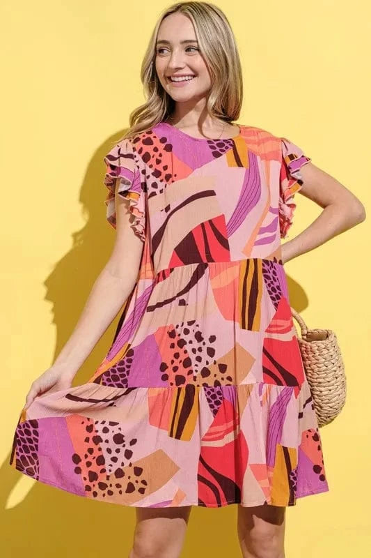 And The Why Printed Double Ruffles Sleeve Dress - Trendsi