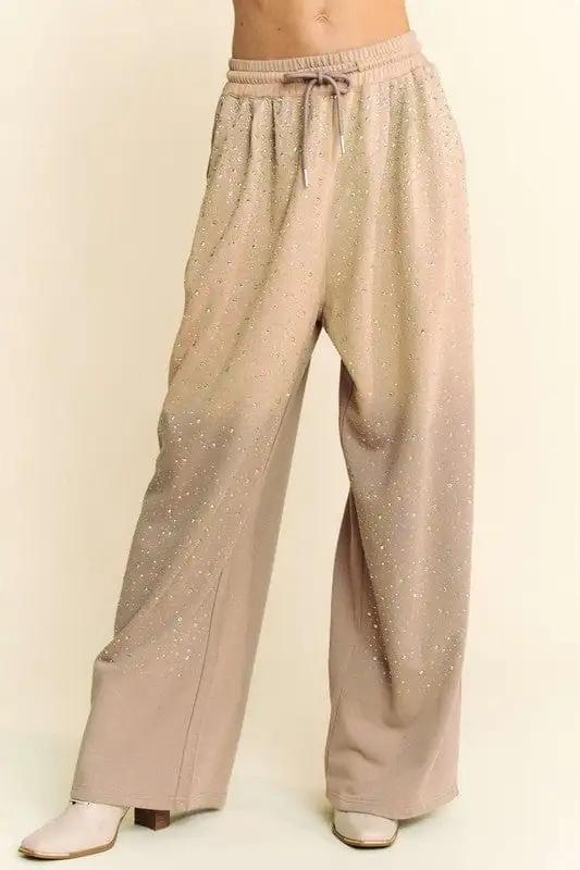 Davi & Dani Rhinestone Drawstring Wide Leg Pants - Trendsi