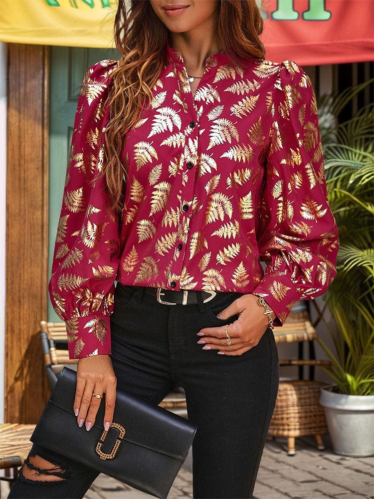 Printed Notched Long Sleeve Shirt - Trendsi