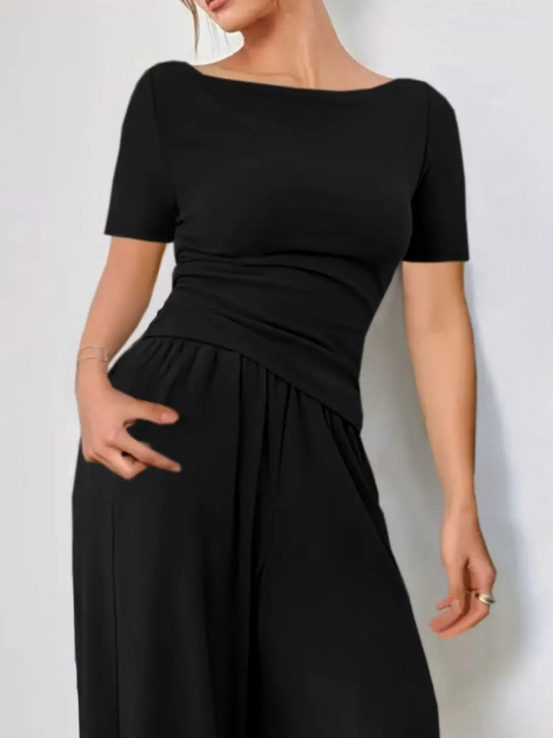 Round Neck Short Sleeve T-Shirt and Pants Set - Trendsi - Flyclothing LLC