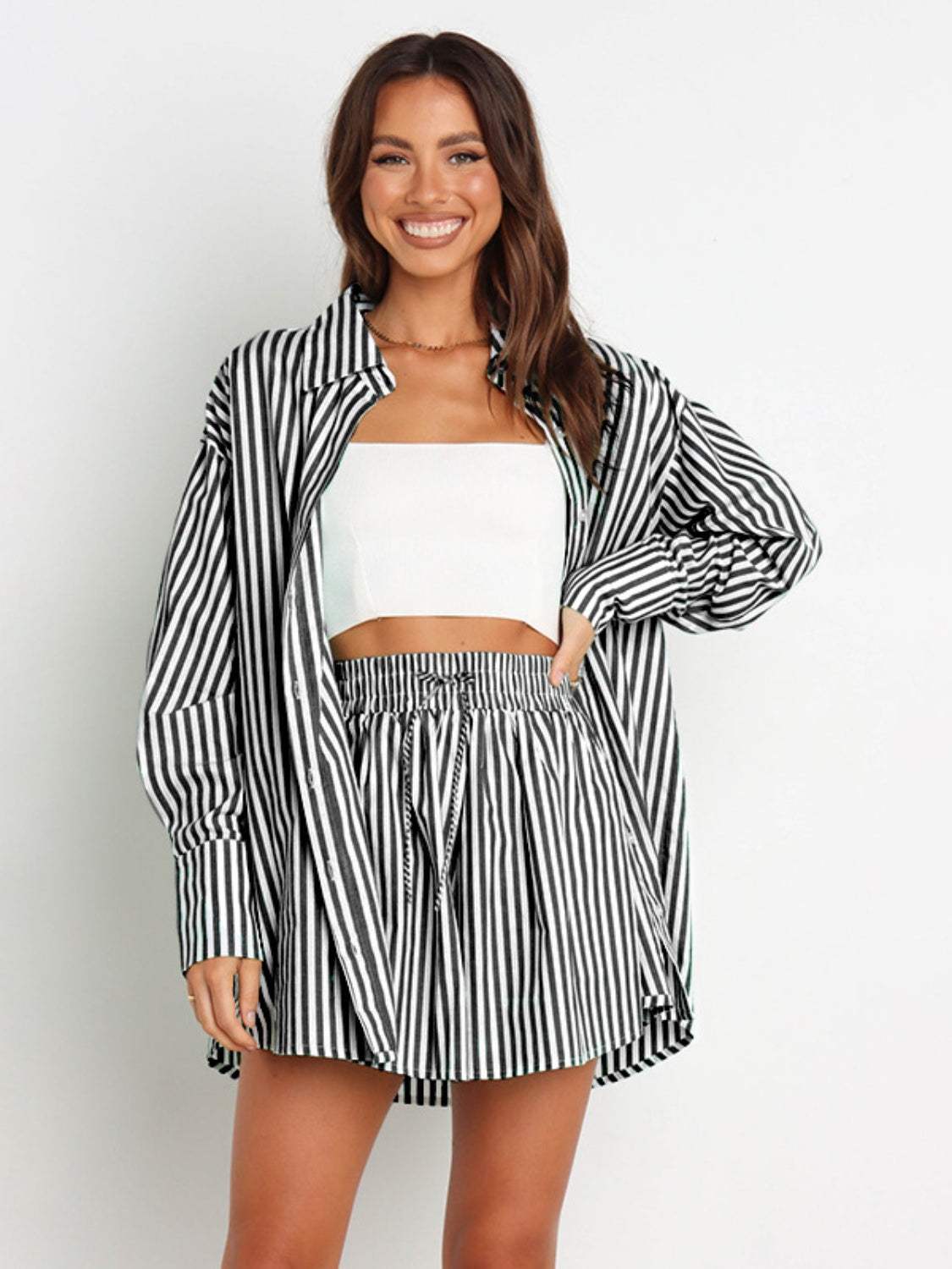 Striped Dropped Shoulder Shirt and Shorts Set - Trendsi - Flyclothing LLC