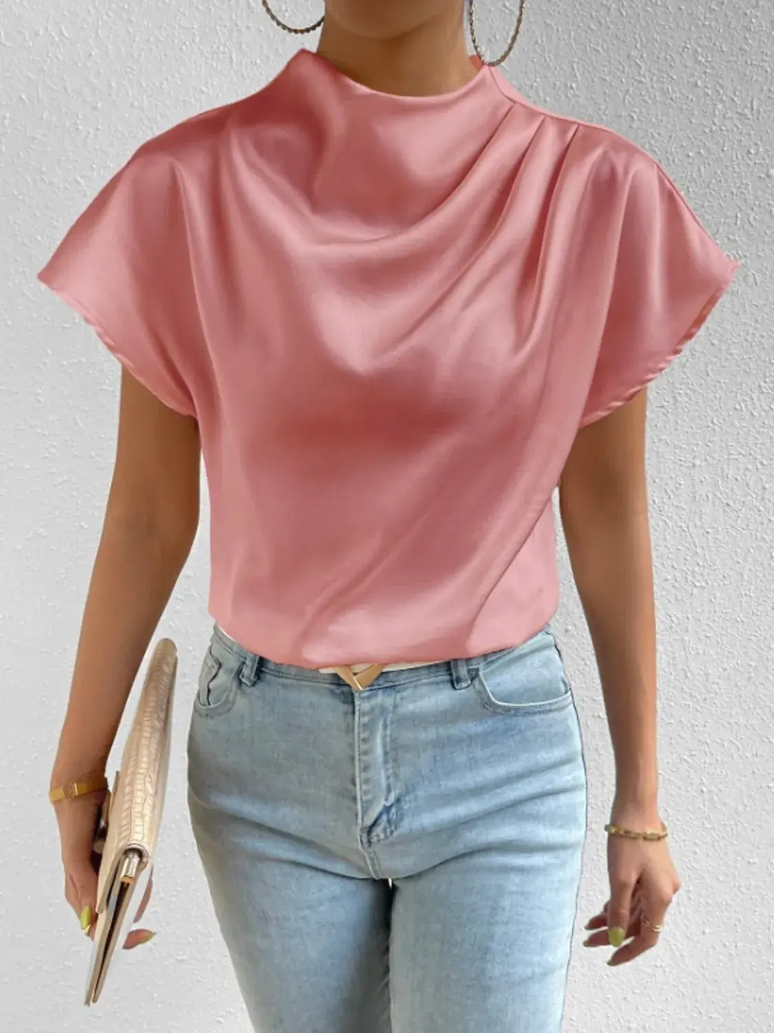 Mock Neck Short Sleeve Blouse - Trendsi - Flyclothing LLC