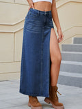 Slit Buttoned Denim Skirt with Pockets - Trendsi