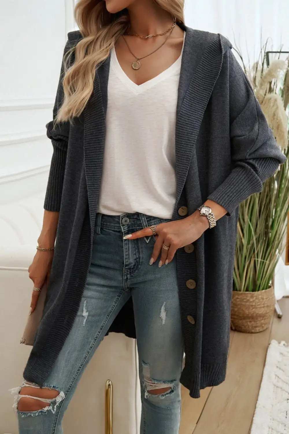 Button Up Long Sleeve Hooded Cardigan - Trendsi - Flyclothing LLC
